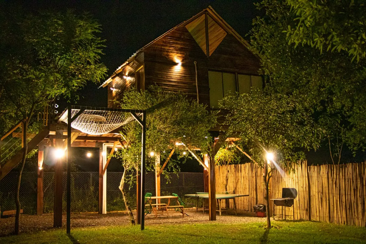La Casa del Árbol iluminada de noche, con la hamaca colgada entre los troncos